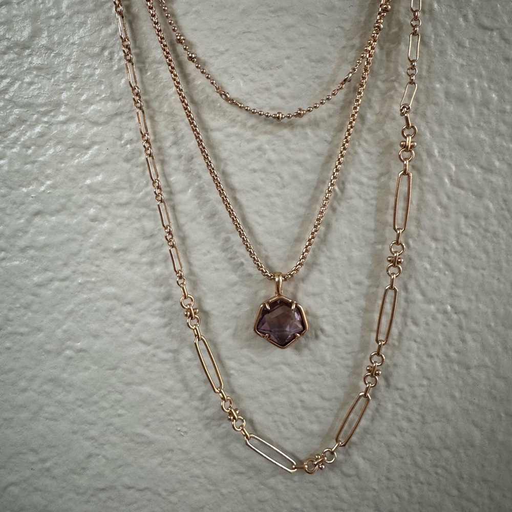 Kendra Scott Rose Gold Vanessa Multi Strand Necklace hues of pinks and purples